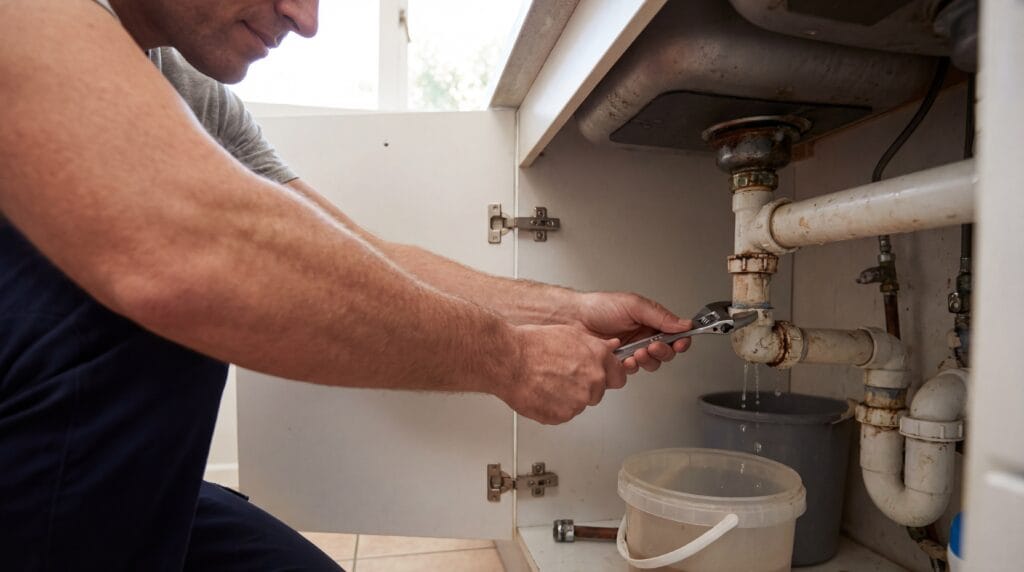 Plumber repairing leaking sink pipe up close